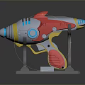 Colorful SciFi Style Toy Gun Prototype With Red White Yellow Blue Accents On Gray Stand