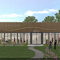 Modern Sales Office Building Featuring Wooden Facade Large Glass Windows And Landscaped Lawn Pathway