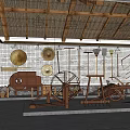 Traditional Farm Tools Display in Garden Landscape With Thatched Roof and White Brick Wall