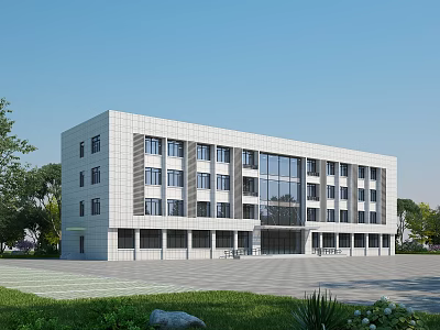 Modern Office Building Exterior Design With Glass Windows White Facade And Green Surrounding Lawn 3d model