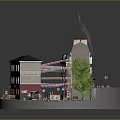 Cartoon Town Scene With Colorful Buildings Street Pedestrians Trees And Shops