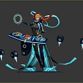 Futuristic Game Movie Character with Orange Hair Black Outfit Blue Glowing Aura Floating Console Dice
