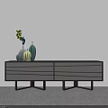 Modern Gray And Black TV Stand With Drawers Decorative Vases And Green Plant