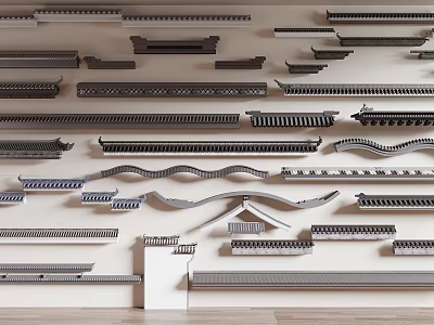 Architectural Decorative Components in Multiple Curved and Straight Designs Displayed on Wall 3d model