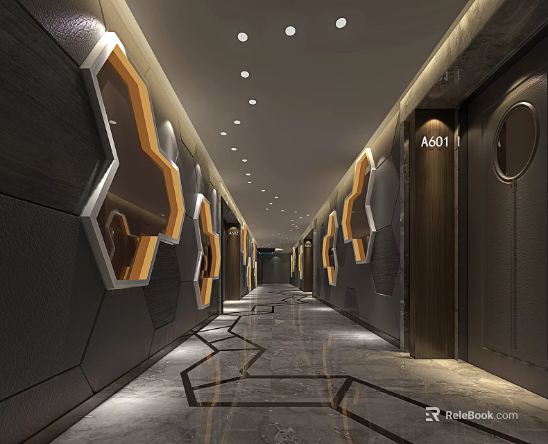Modern KTV Corridor Featuring Hexagonal Decorations Lighting Marble Floor And Room Sign A01 3d model 
