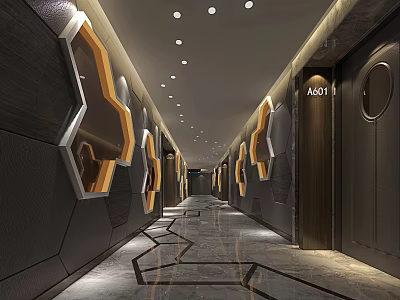 Modern KTV Corridor Featuring Hexagonal Decorations Lighting Marble Floor And Room Sign A01 3d model
