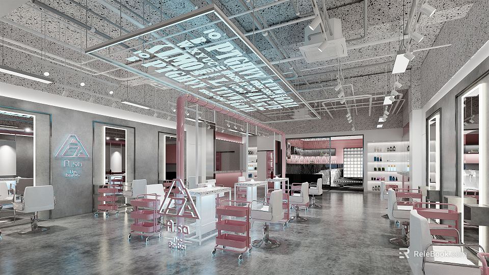 Modern Beauty Hair Salon Interior With Styling Chairs And Workstations Lighting 3d model 