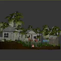 Cartoon Scene Featuring Wooden Huts Palm Trees Swampy Area Small Signs And Surrounding Plants