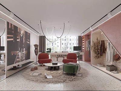 Modern Public Office Space Interior With Open Layout Red Chairs Coffee Tables And Pendant Lights 3d model