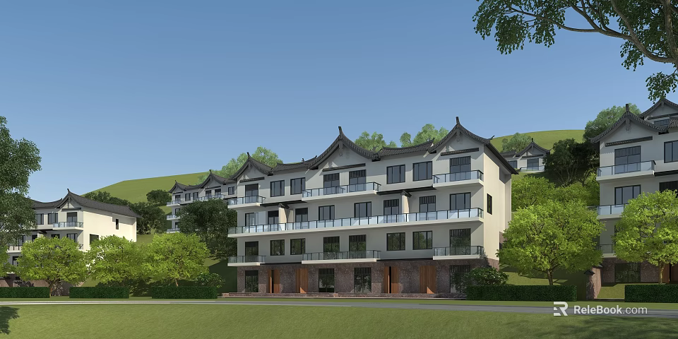 Traditional Chinese Style Townhouses with Multi Story Design Balconies and Lush Green Hillside 3d model 