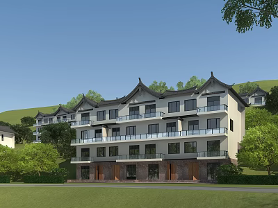 Traditional Chinese Style Townhouses with Multi Story Design Balconies and Lush Green Hillside 3d model