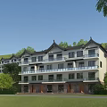 Traditional Chinese Style Townhouses with Multi Story Design Balconies and Lush Green Hillside