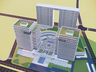 Modern Office Building Complex Featuring Green Rooftops Central Plaza And Surrounding Roads 3d model