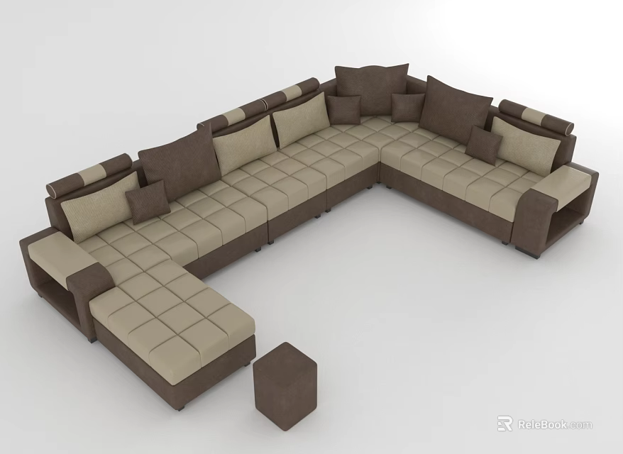 Spacious L Shaped Sofa for Multiple People with Brown Beige Cushions and Ottoman Modern Design 3d model 