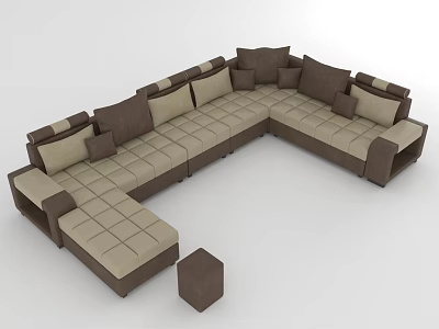 Spacious L Shaped Sofa for Multiple People with Brown Beige Cushions and Ottoman Modern Design 3d model