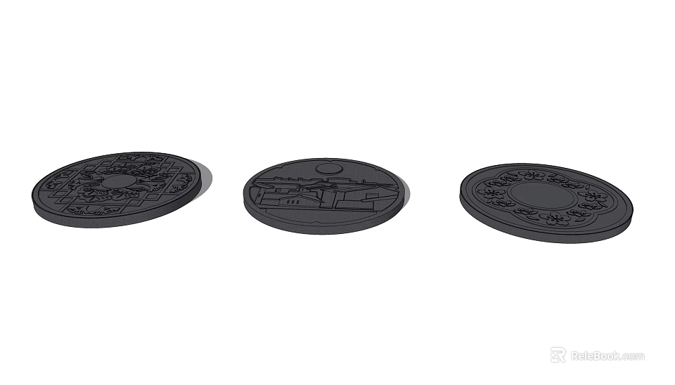 Road Infrastructure Three Circular Black Surface Covers with Designed Patterns for Urban Roads 3d model 