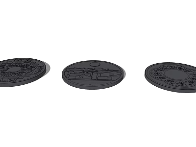 Road Infrastructure Three Circular Black Surface Covers with Designed Patterns for Urban Roads 3d model