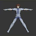 Dynamic Game Movie Character With Red Hair And Blue Silver Armor In Stretched Arms Pose