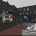 Gaming Entertainment Room With Wall Posters Cloud Lights Figurine Shelves Gaming Chair Desk And Sofa