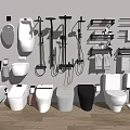 Various White And Black Toilets With Urinals Shower Heads And Towel Racks
