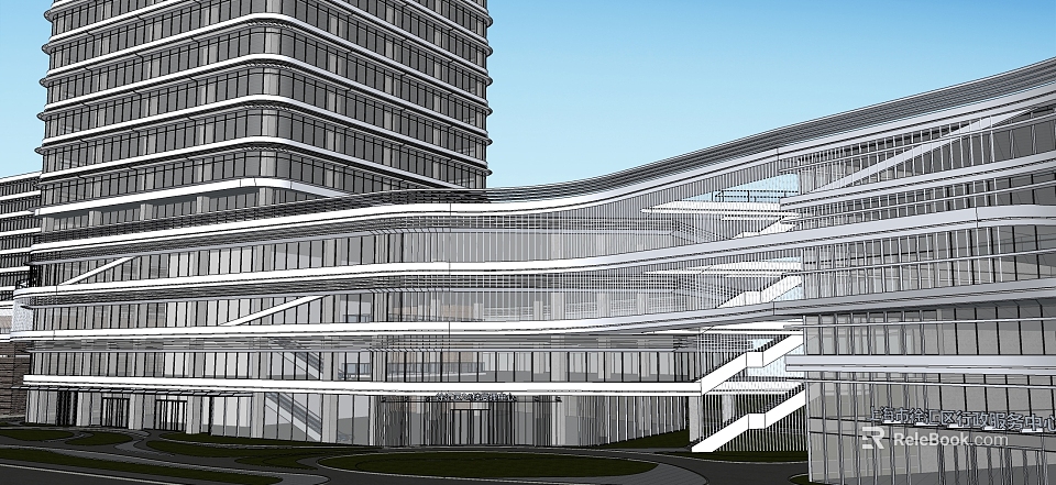 Modern Office Building With Glass Curtain Wall And Multi Storey Curved Design 3d model 