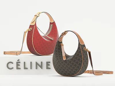 Celine Fashionable Red and Monogram Crescent Handbags with Top Handle and Crossbody Strap 3d model