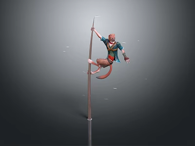 3D Rendered Fox Like Game Movie Character Standing on Metal Pole Wearing Blue Brown Clothes Gray Background 3d model