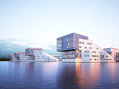 Modern Waterfront Commercial Complex With Glass Facade And Geometric Architecture Design 3d model