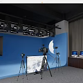 Professional Studio Setup With Blue Backdrop Cameras On Tripods Lighting And Monitors 3d model