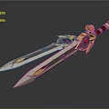 Ornate Double Bladed Sword With Golden Accents Red Gemstones And Metallic Shine