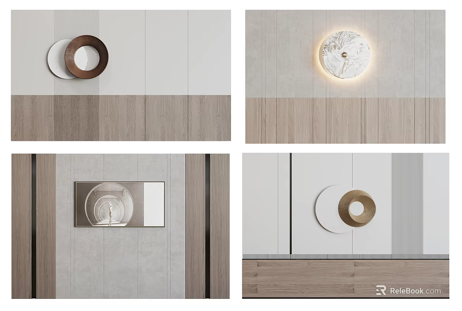 Modern Sofa Backdrop Wall Design With Circular Decor Wooden Panels And Lighting 3d model