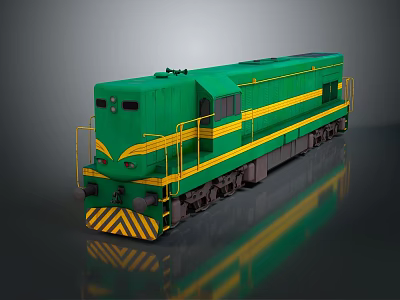 Green Diesel Locomotive With Yellow Stripes And Black Warning Stripes On Reflective Surface 3d model