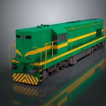 Green Diesel Locomotive With Yellow Stripes And Black Warning Stripes On Reflective Surface