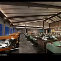 Elegant Hotpot Restaurant Interior With Dining Tables Green Chairs And Wine Display Shelves