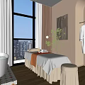 Luxury Beauty Salon Spa Room with Bathtub Massage Bed Robe Large Window and Green Plant