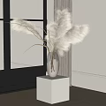 White Vase With Pampas Grass Flowers On White Cube Pedestal Near Window