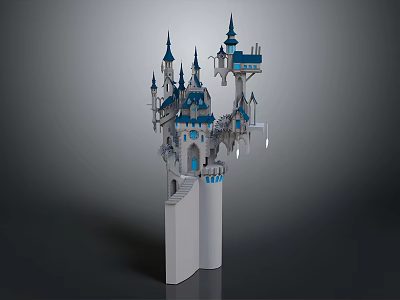 Fantasy Castle Architectural Design Featuring Multiple Blue Spires White Towers And Stairs On Pillars 3d model