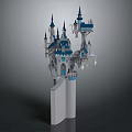 Fantasy Castle Architectural Design Featuring Multiple Blue Spires White Towers And Stairs On Pillars