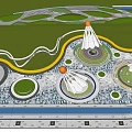 Park Landscape With Winding Paths Lush Trees Circular Lawns And White Spire Structures 3d model