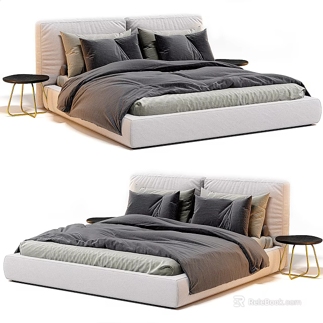 Modern Double Bed with Gray Bedding and Black Nightstands in Bedroom 3d model 