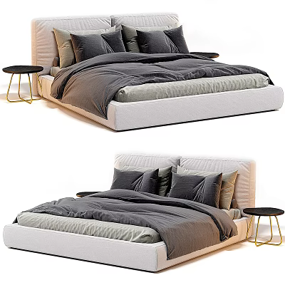 Modern Double Bed with Gray Bedding and Black Nightstands in Bedroom 3d model