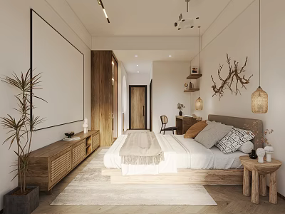 Modern Hotel Room Interior Design With Wooden Bed Natural Decor And Minimalist Lighting 3d model