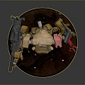 Detailed Mechanical Character With Yellow Red Armor Holding Weapons On Rocky Base