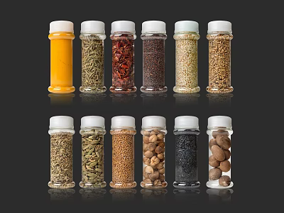 Transparent Glass Spice Bottles With White Lids Containing Various Spices Arranged In Rows 3d model
