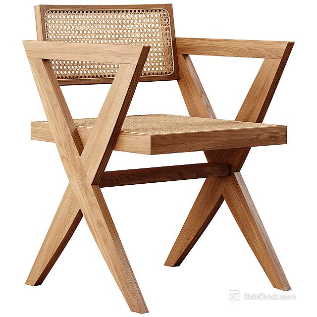 Natural Wooden Leisure Chair With Woven Backrest And Crossed Legs Design 3d model 