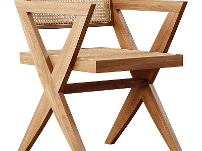 Natural Wooden Leisure Chair With Woven Backrest And Crossed Legs Design 3d model