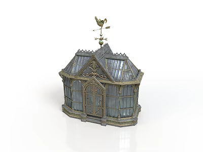 Vintage Ornate Birdcage With Metal Frame Glass Panels And Weathervane On Top 3d model