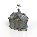 Vintage Ornate Birdcage With Metal Frame Glass Panels And Weathervane On Top