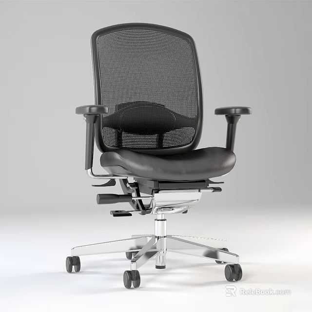 Office Chair with Black Mesh Back Leather Seat Armrests Adjustable Features Metal Base and Wheels 3d model 