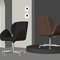 Modern Office Chairs With Black Leather And Walnut Wood Swivel Base Design